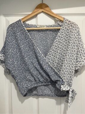 Paper Crane Blue Floral Wrap Crop Top